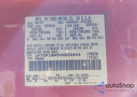 1997 Ford F-150 Lariat/Standard/Xl/Xlt из США, поврежденный, VIN 1FTDF18W0VND22243